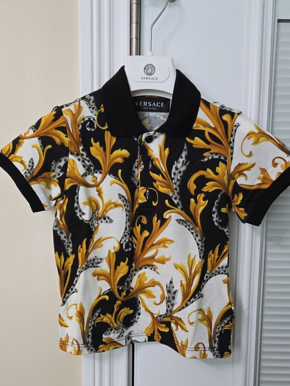 Versace Black White & Gold Baroque Print Polo